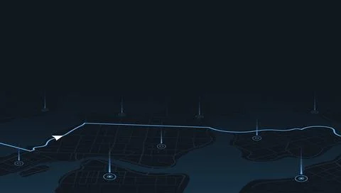 Futuristic dark map with glowing blue route and vertical light beams. Night Stock Illustration