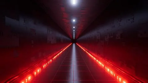 Futuristic dark sci fi corridor with red lights illuminating the path Stock Photos