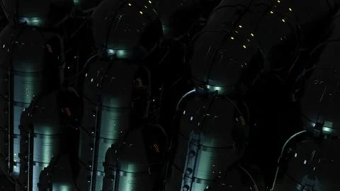 Futuristic dark sci-fi pods with glowing lights at night Stock Illustration