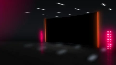 Futuristic Dark Studio with Neon Lights and Curved Screen Reflections Stock Footage 341781351