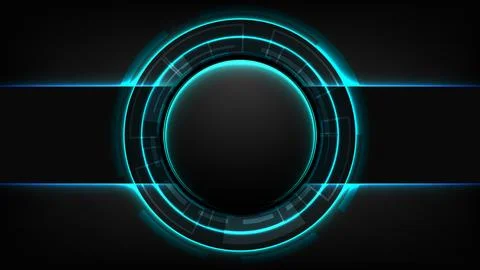 Futuristic dark technology background with vibrant cyan blue glowing circul.. Stock Illustration
