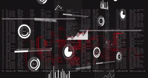 Futuristic dashboard animating red 3D wireframe skyline, overlaying scrolling Video stock 307462479