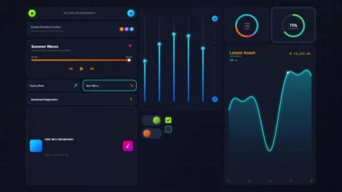 Futuristic dashboard interface with glowing charts and music player in dark.. Видео 348961550