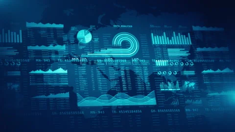 Futuristic data analysis dashboard with blue glowing graphics, global Stock Footage 307802703