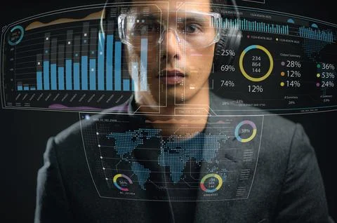 Futuristic Data Analysis Expert Using Advanced Digital Interface Technology Stock Photos