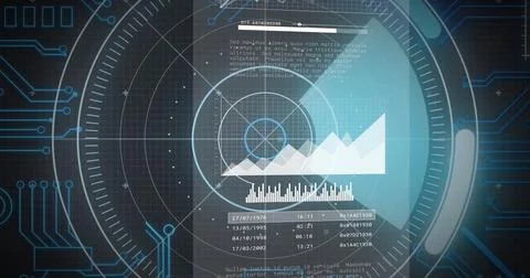 Futuristic data analysis image with graphs and charts over digital interface Stock Photos