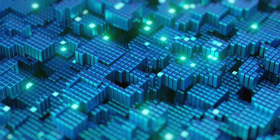 Futuristic Data Blocks with Glowing Nodes in 3D Matrix Illustrazione stock