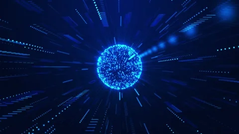 Futuristic data burst sphere visual bright blue particle core, rushing digital l 库存影片 340526939