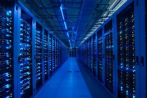 Futuristic data center with blue led lights Stock Photos