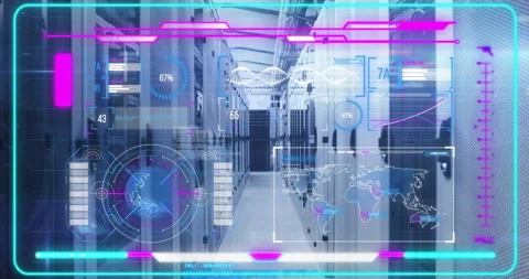 Futuristic data center corridor in 3D render, showing sleek server racks, with 動画素材 307438483