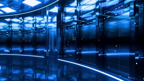 Futuristic data center corridor with network server racks and flashing LED l Stock Footage 320621187