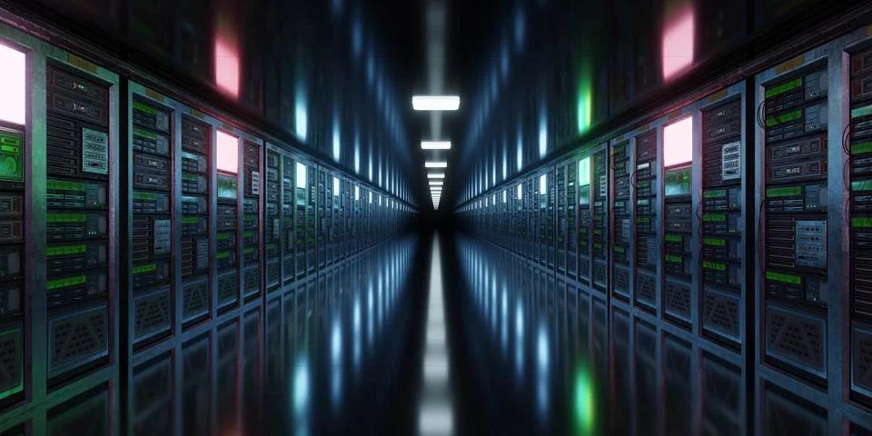 Futuristic Data Center Corridor with Server Racks Stock Illustration