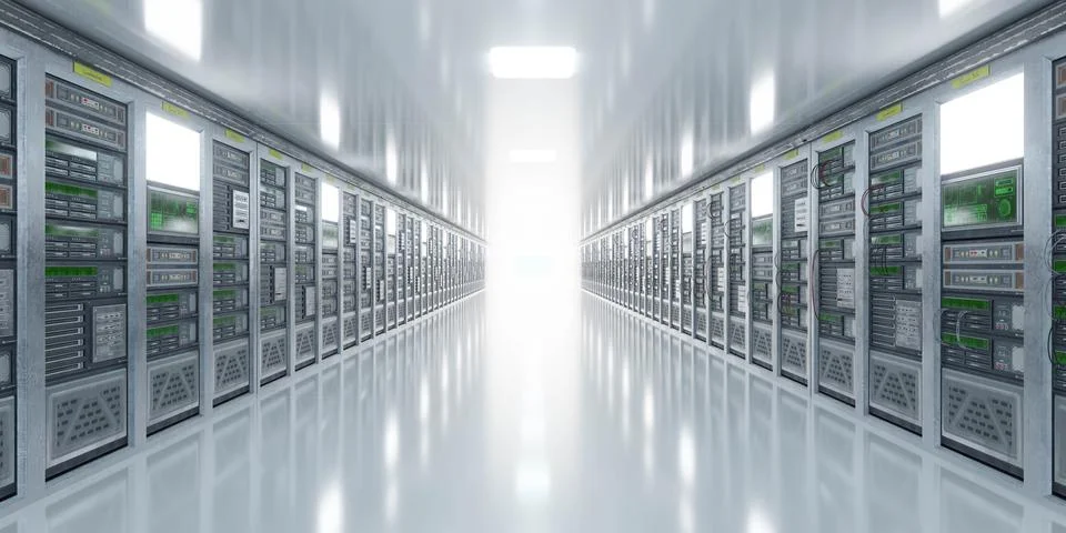 Futuristic Data Center Corridor with Server Racks Illustrazione stock