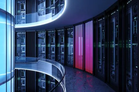 Futuristic Data Center Interior with Modern Server Racks and Curved Archite.. Illustrazione stock