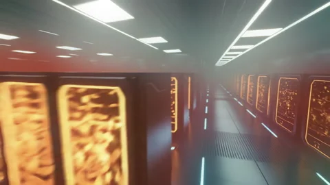 Futuristic Data Center with LED Illumination and Mist Stock Footage 319441453