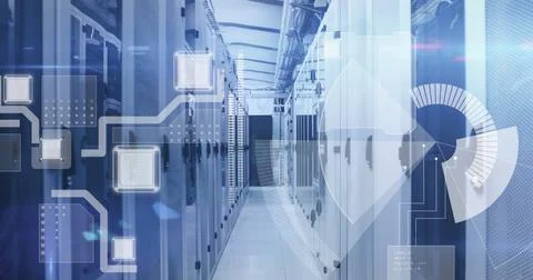 A futuristic data center with rows of servers and digital interface graphics Stock Photos