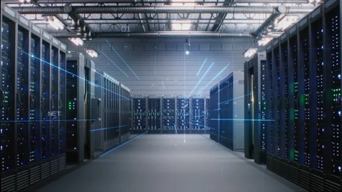 Futuristic Data Center with Server Racks. Visualization of Data Flow, Internet Stock Footage 311462011