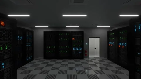 Futuristic Data Center Server Room Corridor with Blinking LED Lights Stock Footage 329284196