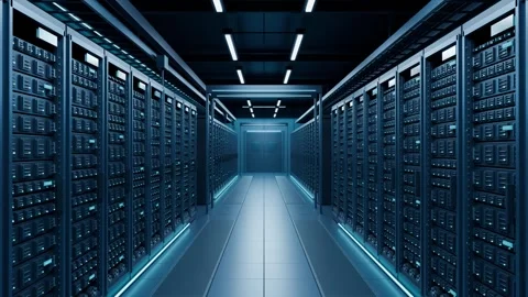 Futuristic Data Center Server Room with Blue Neon Lighting and Dolly Zoom Vídeo Stock 346145133