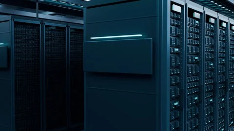 Futuristic Data Center Server Room with Glowing Blue Lights 3D Render Stock Footage 346145205