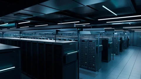 Futuristic Data Center Server Room with Glowing Blue Lights and 3D Rendered Stock Footage 346145232