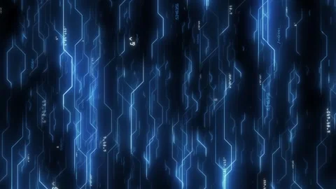 Futuristic Data Circuit Code Lines on Dark Blue Background Stockbeeldmateriaal 341370220