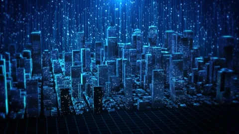 Futuristic Data City with Falling Information Streams and Blue Skyline 스톡 동영상 342611533
