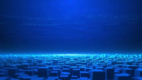 Futuristic data cityscape visual blue glowing cubes, digital grid horizon, parti Stock Footage 340570165