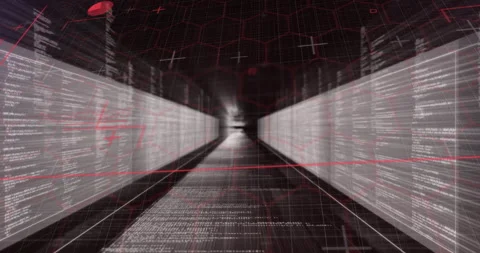 Futuristic data corridor rendering in 3D, with scrolling code panels, red grid Stock Footage 309099906