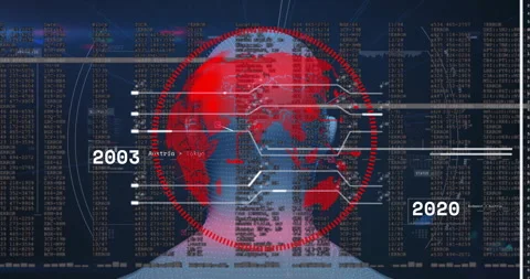 Futuristic data dashboard displaying pixelated world map with red frame Stock Footage 309111487