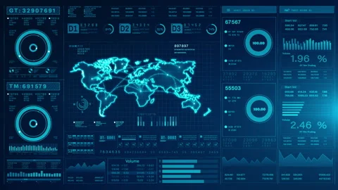 Futuristic Data Dashboard with Global Map, HUD infographic business and fin. Stock Footage 277557340