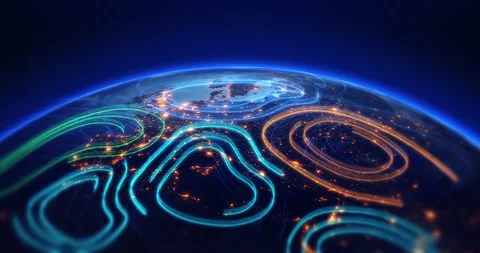 Futuristic data flow across illuminated world map from space. Video stock 319347003