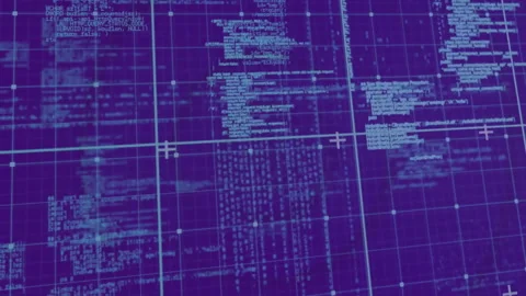 Futuristic data grid being animated on purple-blue backdrop with code clusters, Stock Footage 309286199