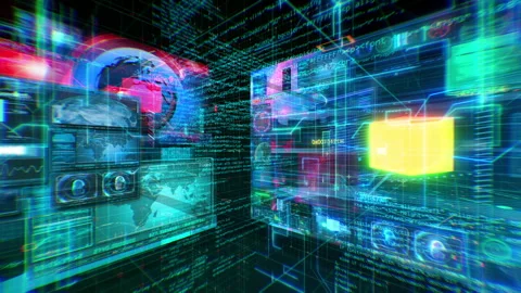 Futuristic Data HUD Matrix with Holographic Interfaces and Streaming Code Stock Footage 331621198