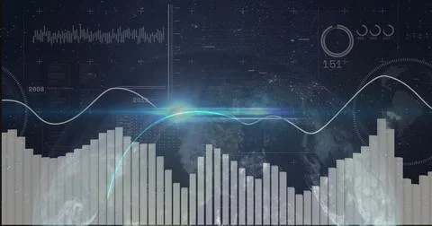 Futuristic data interface displaying metrics over Earth in space, with bar Ilustración de archivo