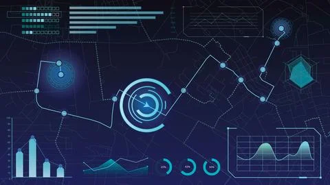 Futuristic data interface with glowing charts, timeline, digital radar and 스톡 일러스트