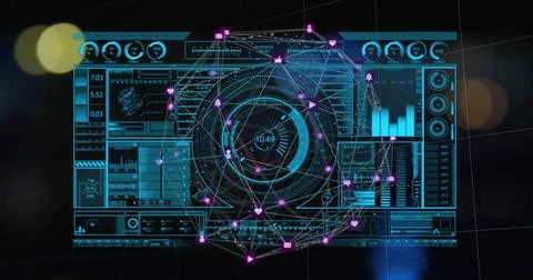 Futuristic data interface with graphs and charts, network connections image Stock Illustration