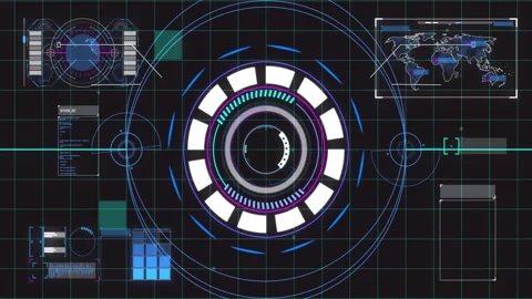 Futuristic data interface with rotating elements and world map animation Stock Footage 305620519