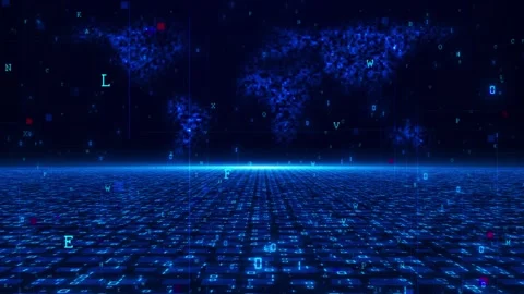 Futuristic data map floor visual blue glowing tiles, scattered code letters, wor Stock Footage 340556796