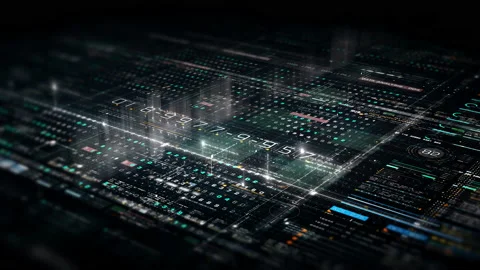 Futuristic Data Matrix Simulation HUD Screen Stock-Footage 223808609
