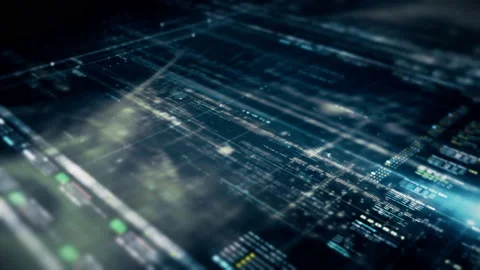 Futuristic Data Matrix Simulation HUD Screen Stock Footage 233557548