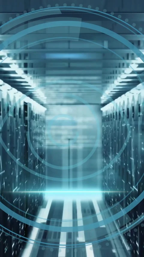 Futuristic data processing animation over server racks in technology center Stock Footage 344404192