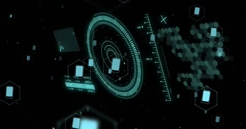 Futuristic data processing animation with rotating elements and hexagonal shapes Stock Footage 329509690