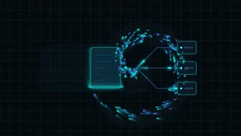 Futuristic data processing hud with glowing particles and node points on da.. Stockbeeldmateriaal 343821005