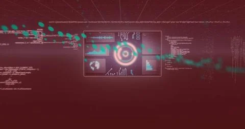 Futuristic data processing image with graphs and circular interface over red 写真素材