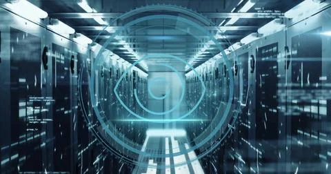 Futuristic data processing image over server racks in technology center Stock Photos