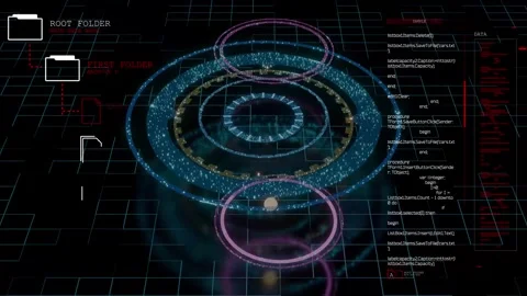 Futuristic Data Processing Interface with Glowing Concentric Rings, File System 動画素材 336121855