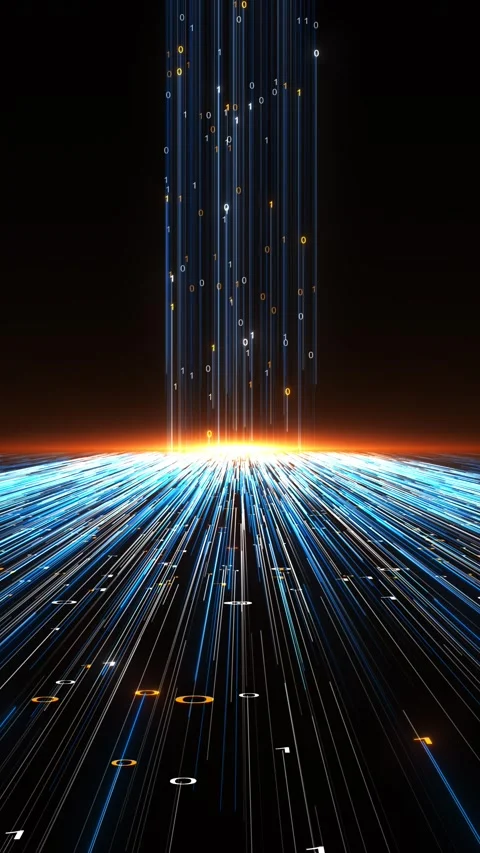Futuristic data stream floor glowing blue perspective lines, falling binary code Stock Footage 334062813
