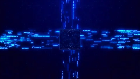 Futuristic data transfer cube visual cyan signal bars, glowing center box, deep Stock Footage 340570717