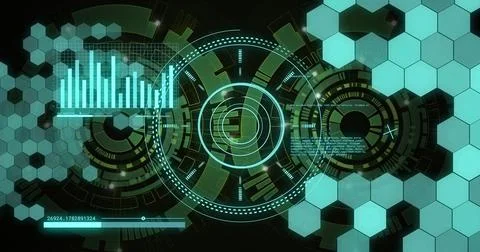 Futuristic data visualization and analysis image with graphs and hexagonal Stock Photos